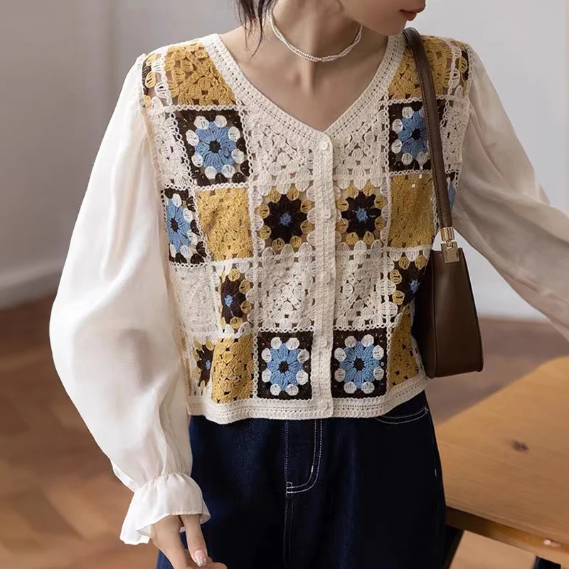 Granny Square Crochet Top manica lunga con scollo a v bottone davanti camicetta Cardigan Top donna primavera estate Fairycore Cottagecore Outfit