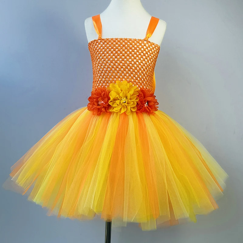 Orange Gold Butterfly Fairy Flower Tutu Dress for Halloween Costumes Fairy Princess Dresses Birthday Outfit