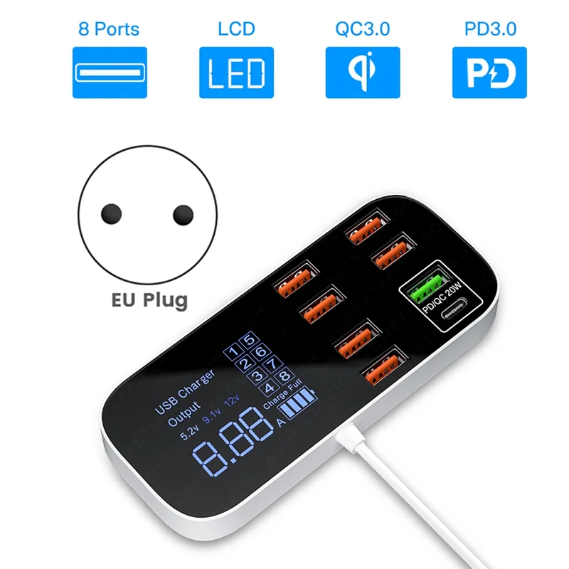 8 Ports Quick Charge USB Charger HUB Portable Travel Mobile Phone Charger Adapter Fast Charger for Smartphone-EU Plug