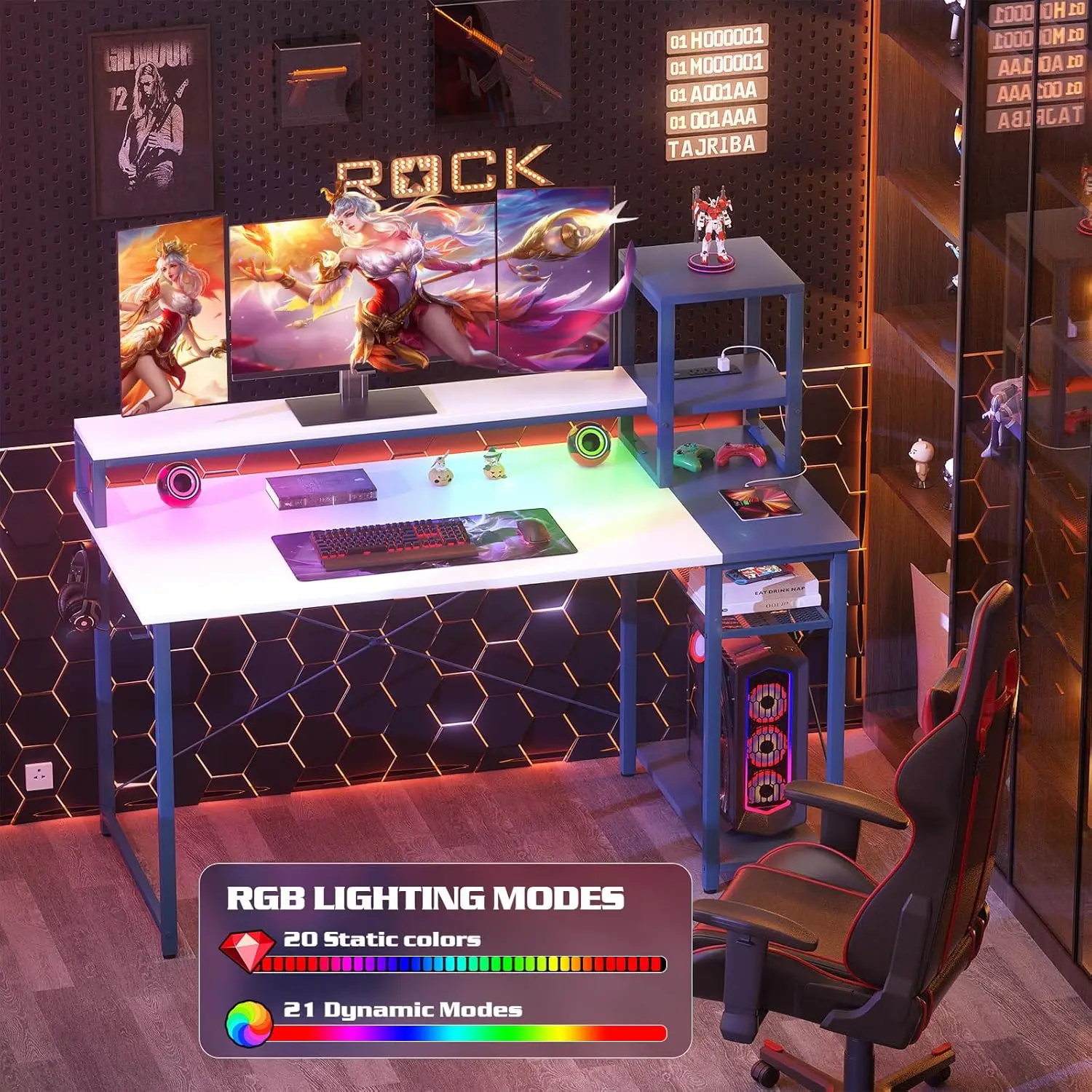 2024 Upgrade Gaming Desk with LED Lights, Computer Desk with Long Monitor Stand, 40"/47.2'' Reversible Laptop Table with Storage