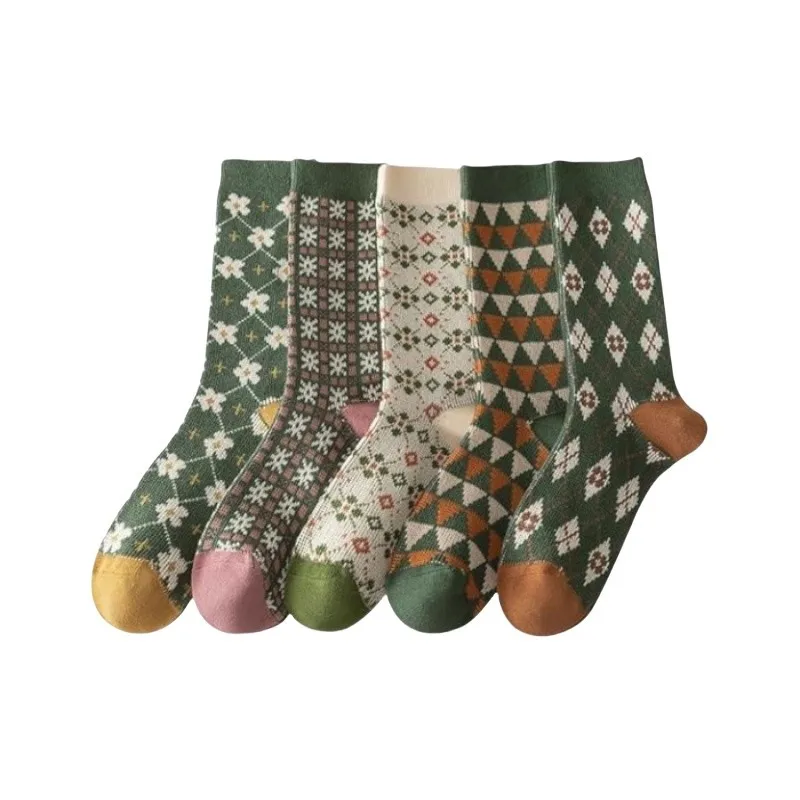 

Cute Green Socks Cottagecore Floral Plaid Ankle Socks Preppy Knit Cotton Long Christmas Socks