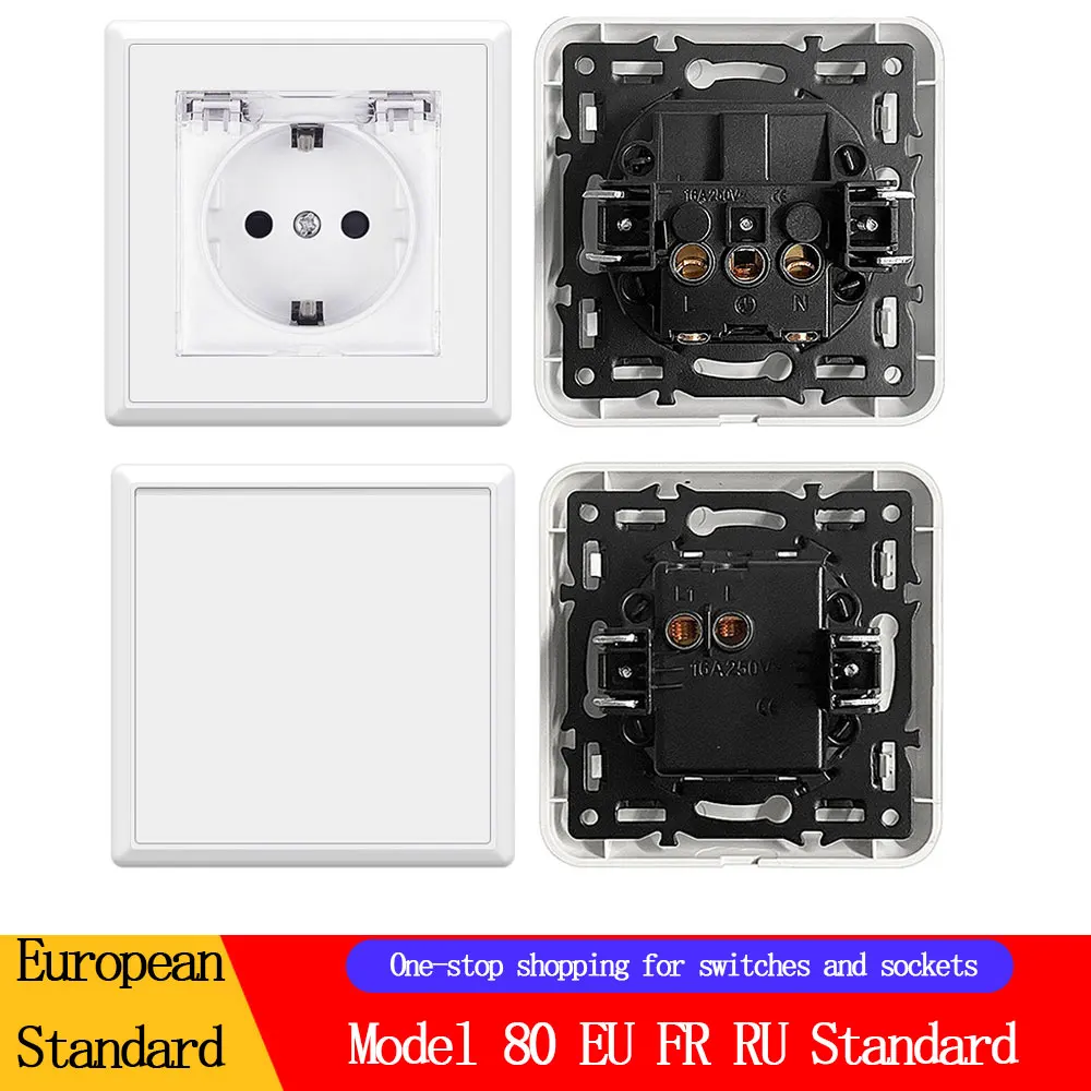 EU 82*82mm Type Wall Switch And Socket One-stop shopping, 16A FR RU Power Socket, USB Type-C 2 Ports Charging socket