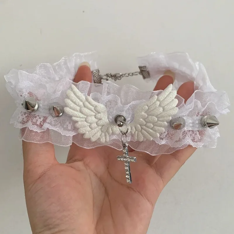 جديد الكورية الأبيض مطاطا المختنق الدانتيل قلادة القوطية الشرير بلينغ أجنحة الملاك الصليب القلائد لوليتا تأثيري أدوات مجوهرات الأزياء #6