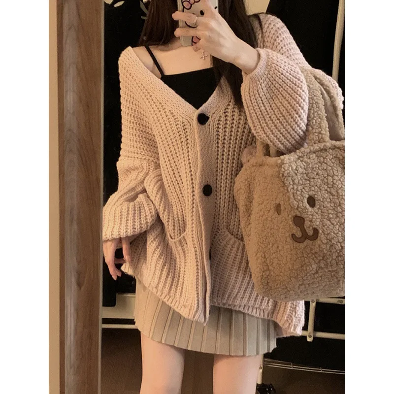 

Loose Casual Sle V-Ne Knitted Sweater Women's Autumn Versatile Color Sweet Warm Outerwear Casual Top Korean Version