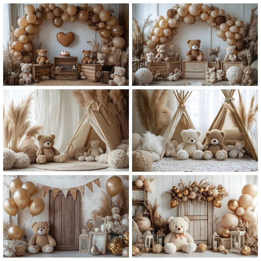 Boho Grey Balloons Arch Bear Background Photography Wooden Door Tent Newborn Cake Smash Kids Birthday Party Decor Photo Backdrop