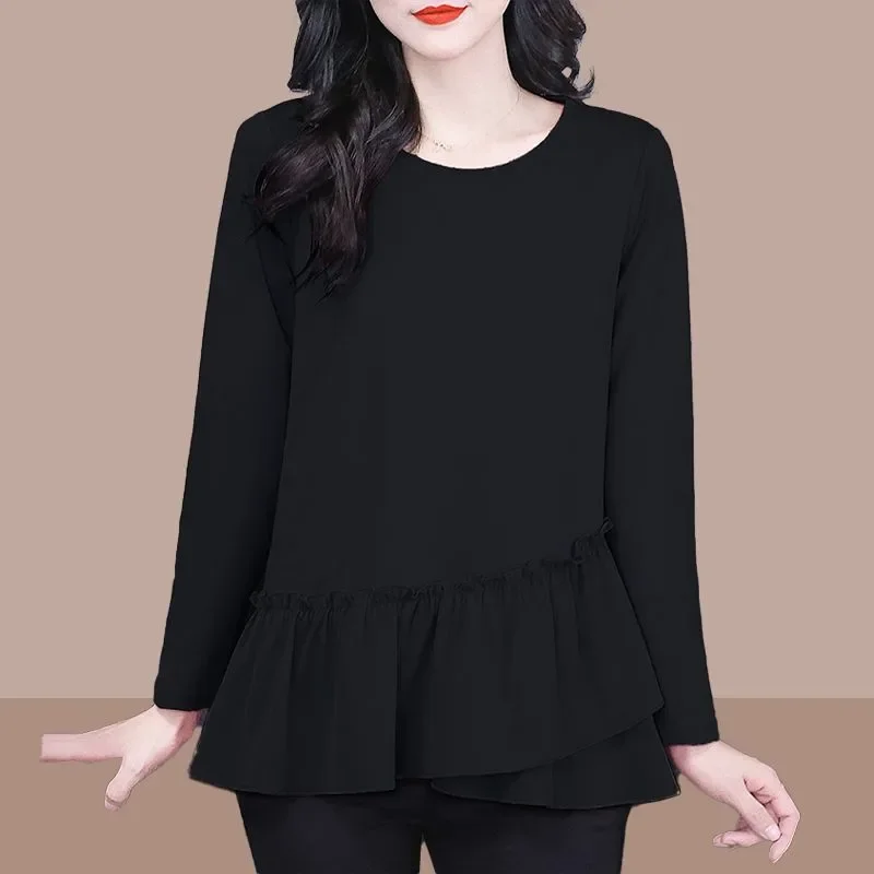 

Loose Women's Patchwork Pullover Style T-shirt Loose Fashionable Solid Color Temperament Slim Round Neck Top