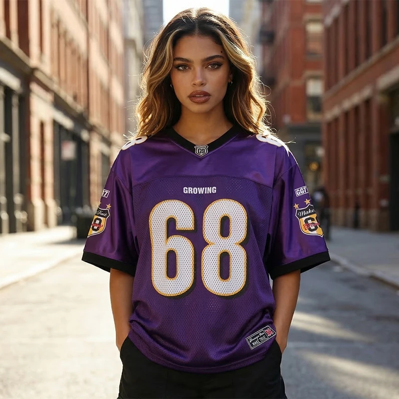 

2026 New Hip Hop Mesh Football Jersey Men Women Oversized Streetwear Varsity Tee Shirt Retro Number 68 Graphic V-neck Sports Top