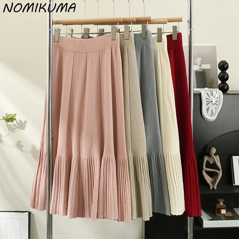 

Nomikuma Korean Ruffle Pleated Knitted Skirts Women 2023 Autumn Winter High Waisted A-line Sweater Mermaid Skirt Mujer Faldas