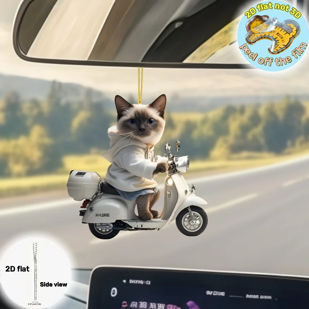 Siamese Cat on Motorcycle Pendant Keychain,Kitten 2D Flat Acrylic Ornament,Hanging Decoration for Car,Bags,Festive,Party,Gift