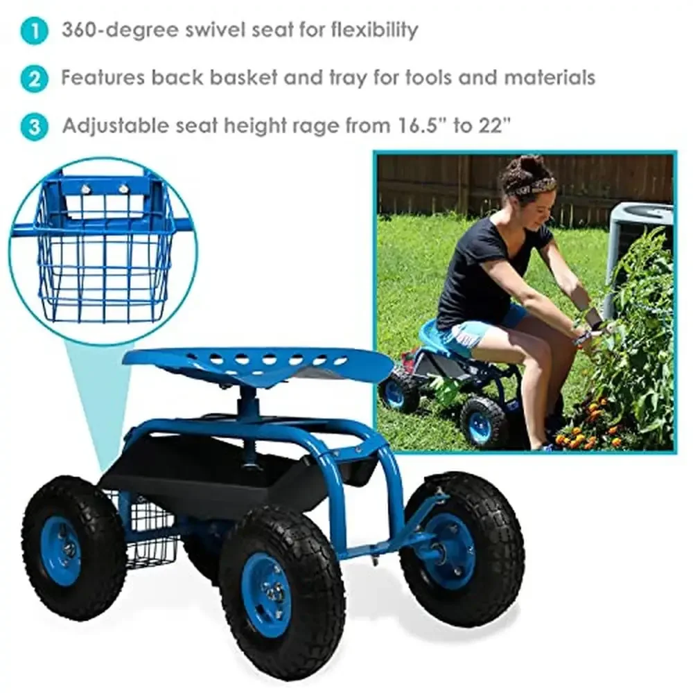 Gardening Cart Adjustable 360-Degree Swivel Seat Utility Tool Tray Storage Basket Heavy-Duty Steel Construction 300 lb Capacity