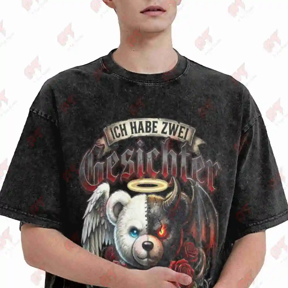Two Faces Saying Angel Devil Sarcasm Vintage Washed Tee Pure Cotton T-Shirt