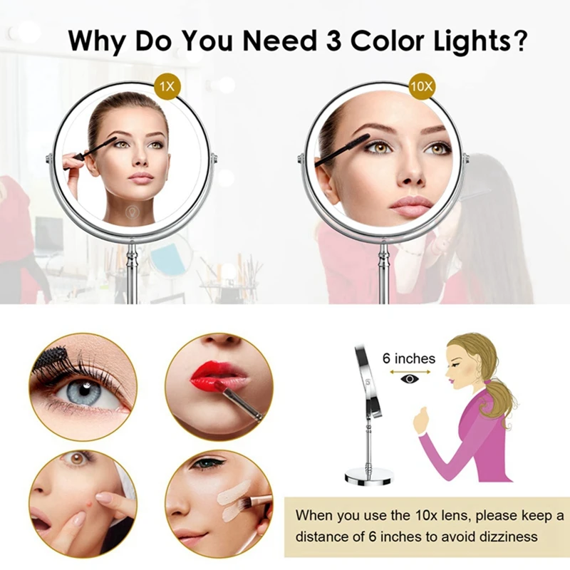 1Set 10X LED Mirror Rechargeable Make Up Mirror Magnification Cosmetic Mirror 2 Side Adjustable With 3 Colors C