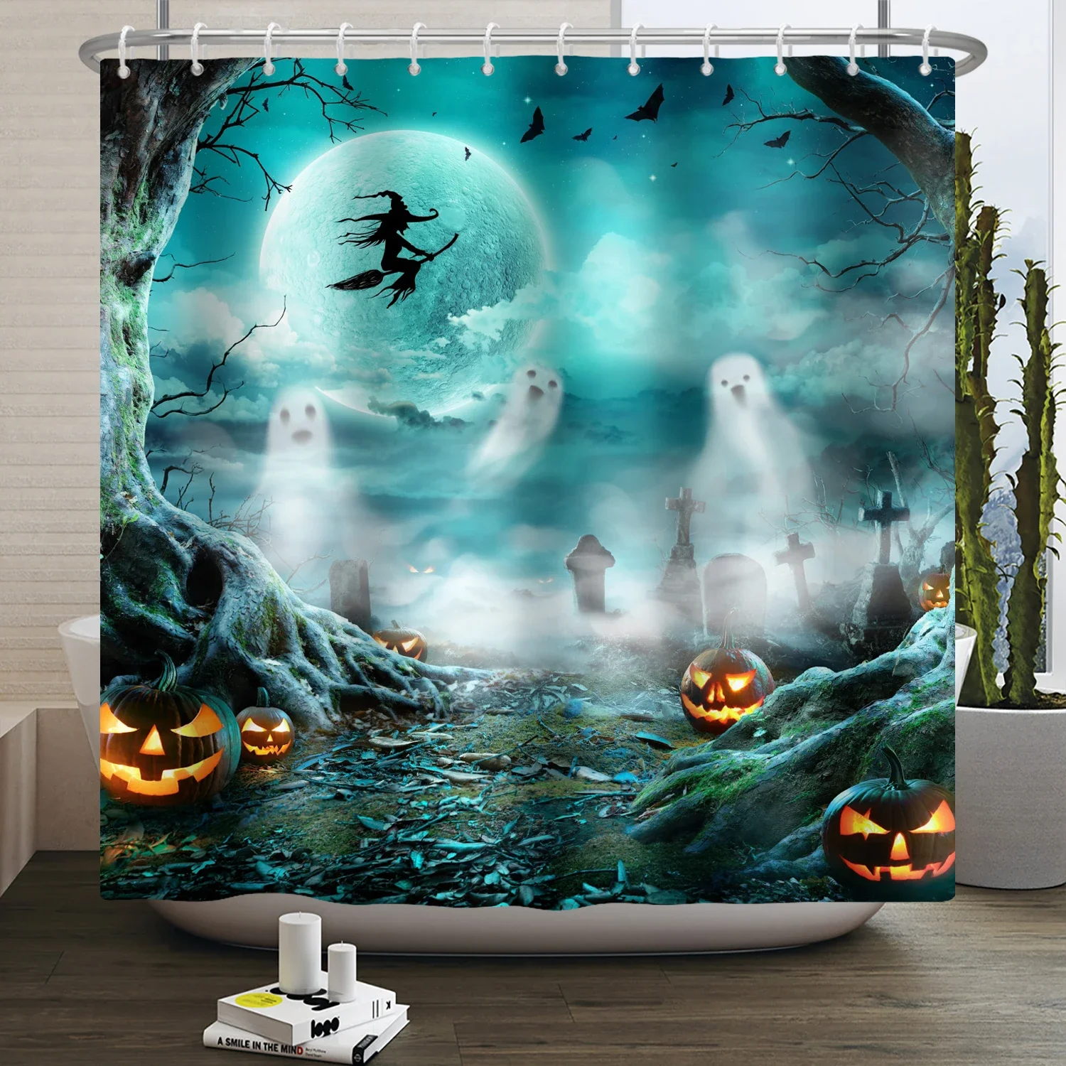 Halloween Shower Curtain Horror Moon Night Pumpkin Skull Skeleton Scary Castle Witch Ghost Cemetery Waterproof Bathroom Curtains