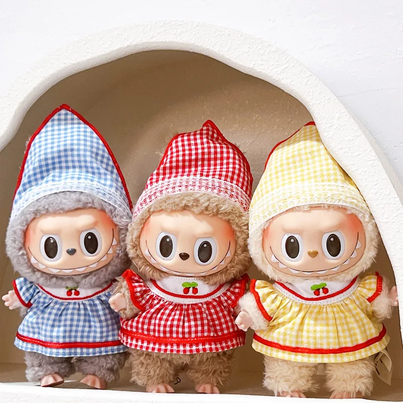 라부부 15cm 17cm 인형용 의류 1세대부터 3세대까지 귀여운 체리 체크 스커트와 헤드스카프 세트 의류 액세서리