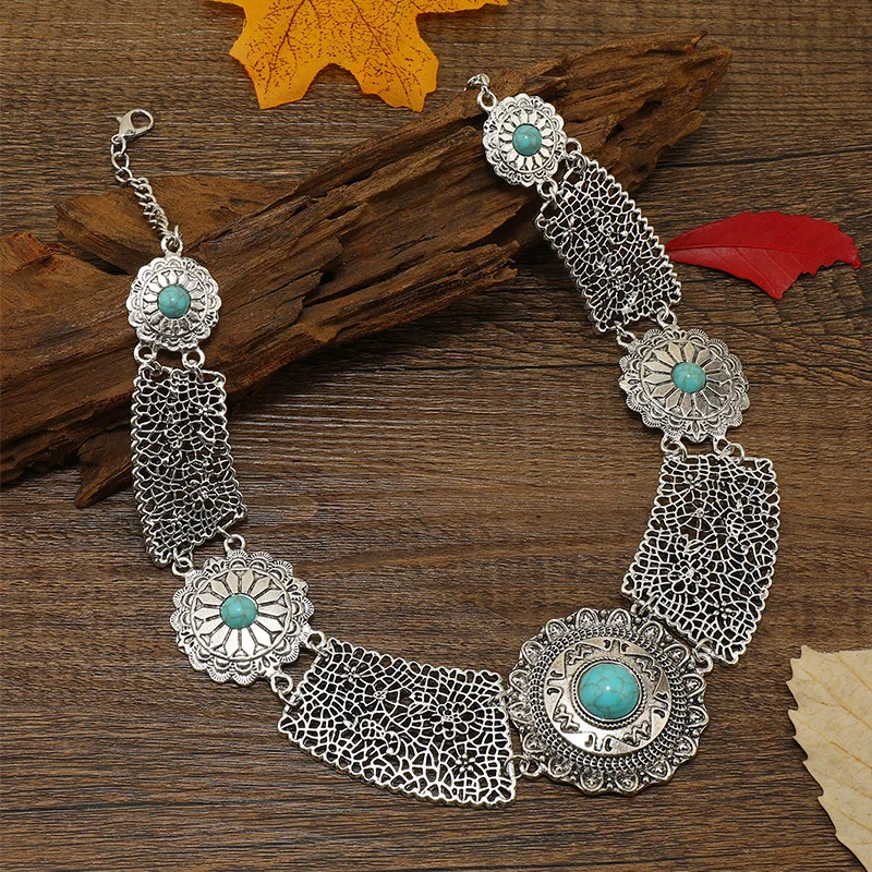 Ethnic Tibetan Silver Color Flower Large Choker Femme Vintage Turquoises Geometric Hollow Necklace Female Fashion Jewelry