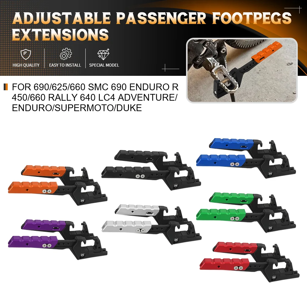 

For 690/625/660 SMC 690 Enduro R 450/660 Rally 640 LC4 Adventure/Enduro/Supermoto/Duke Adjustable Passenger Footpegs Extensions