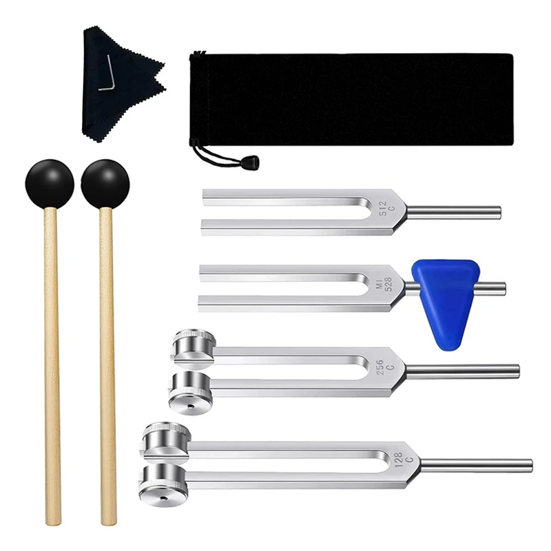 4PCS Lot Tuning Fork Set (128Hz 256Hz 512Hz 528Hz) with Mallet Chakra Massager Stick Hammer for Yoga Sound Healing Therapy B2