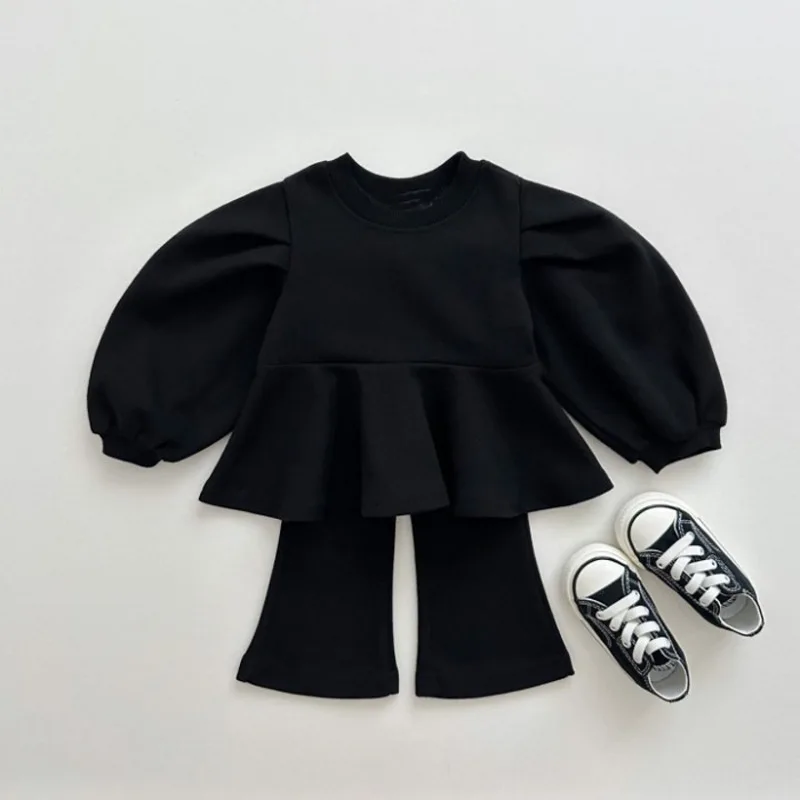 2024 Spring New Baby Girl Long Sleeve Clothes Set Kids Girls Puff Sleeve Sweatshirt + Flared Pants 2pcs Suit Children Outfits