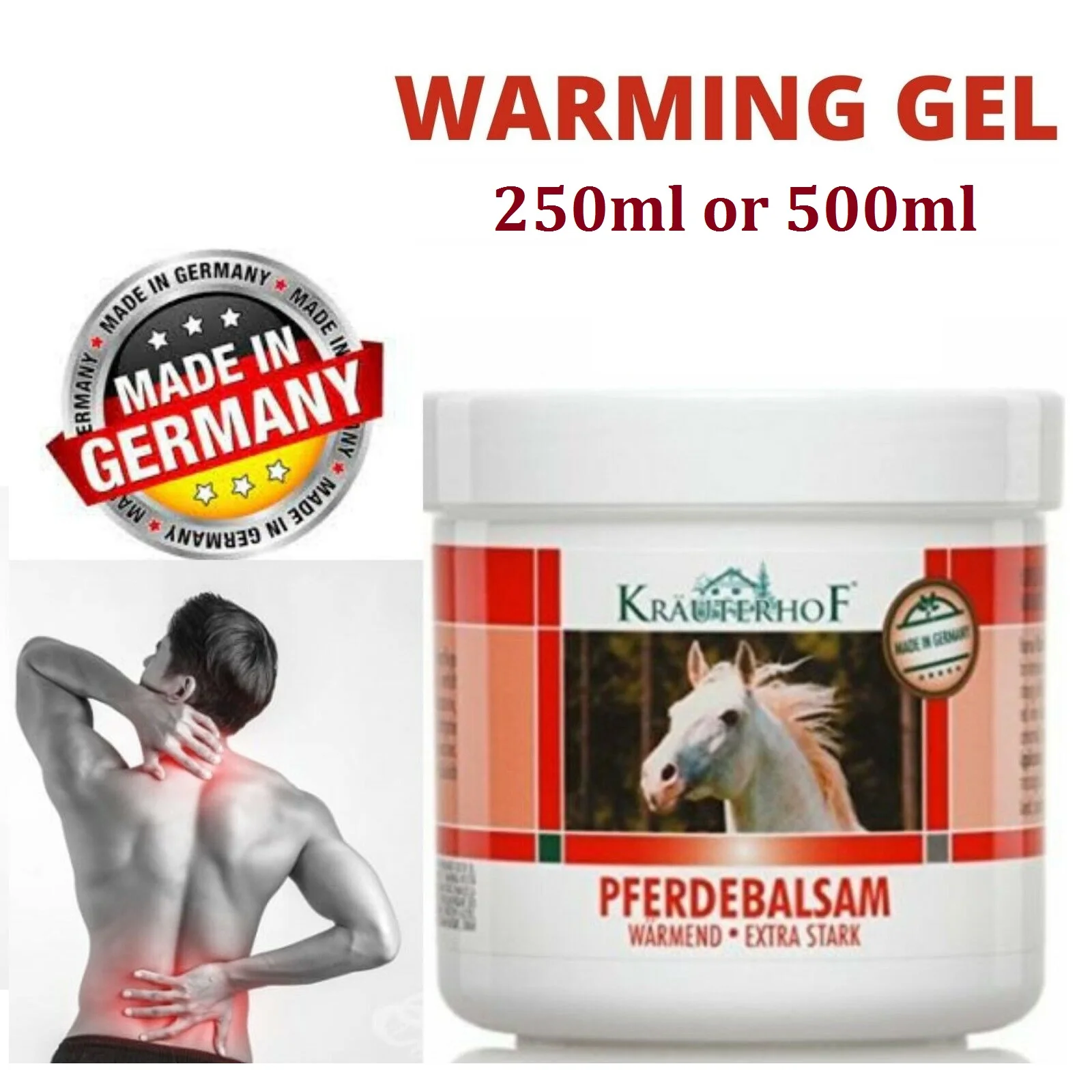 Original Germany Krauterhof Pferdebalsam Heating Extra Stark Warming Massage Gel Horse Chestnut Balm Relax Calm Muscle 500g