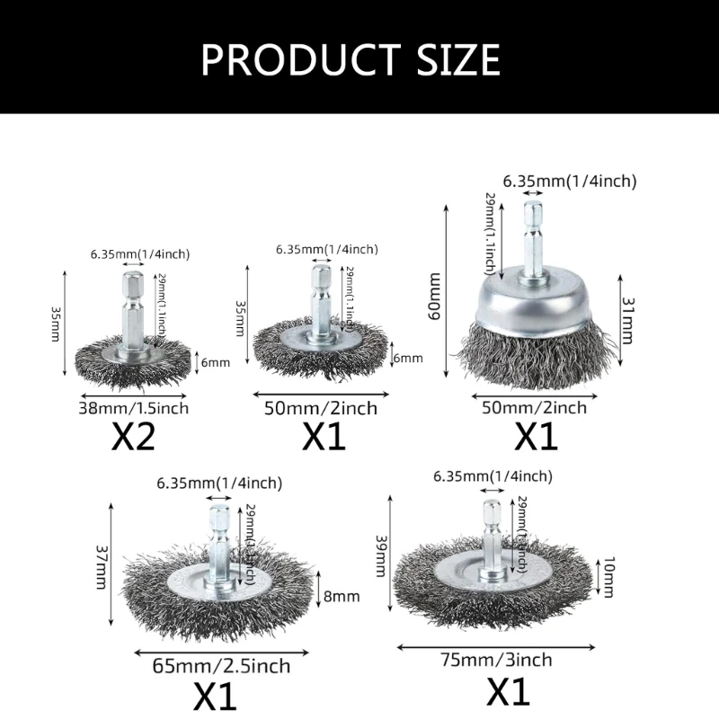 6 Stück Drahtbürste für Bohrer, grober Stahl, Crimpdraht, Radbürste, 1/4 Zoll Sechskantschaft, Drahtbürste, Bohrer zum