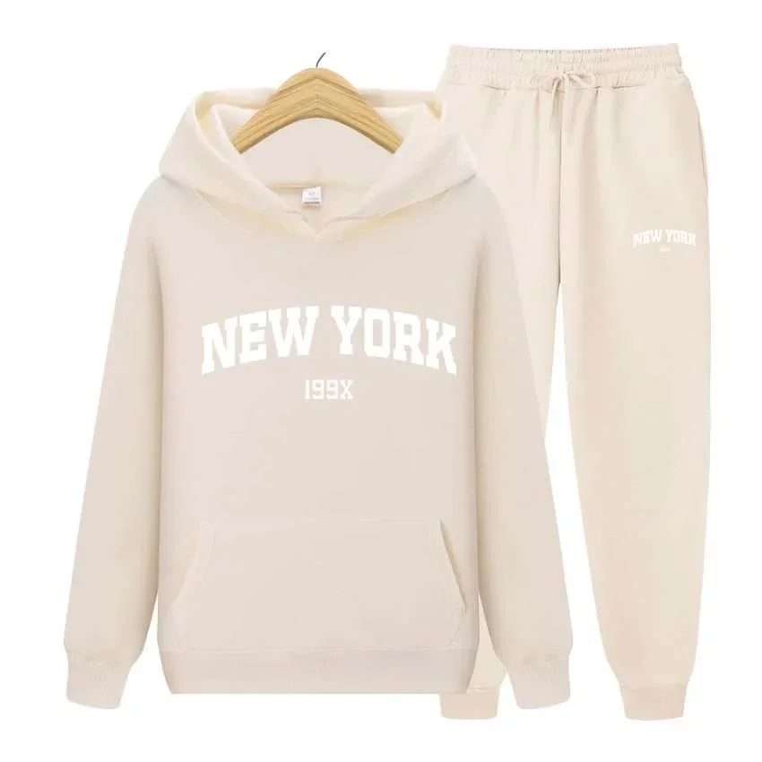 Men\'s and women\'s pants and sweater set, sportswear, running shoes, brand, New York print, autumn and winter, 2 pieces