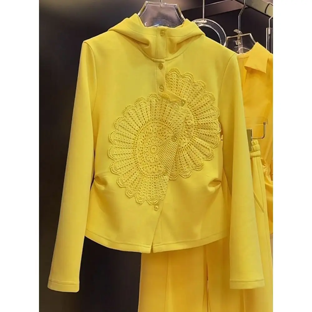 

Yellow Hoodie Women's Fashion Slimming Waist Design Asymmetrical Top Autumn New Style Regular Thickness Polyester Fiber