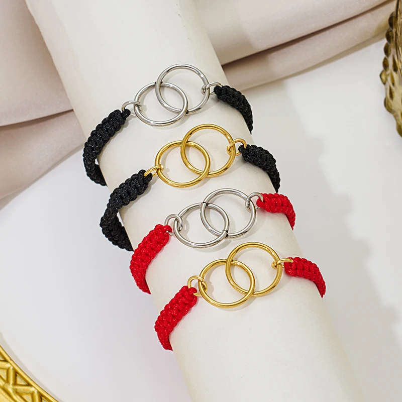 Handmade Braid String Bracelets Red Black Woven Rope Double Round Charm Bracelet Good Luck Amulet Jewelry for Lovers Gift