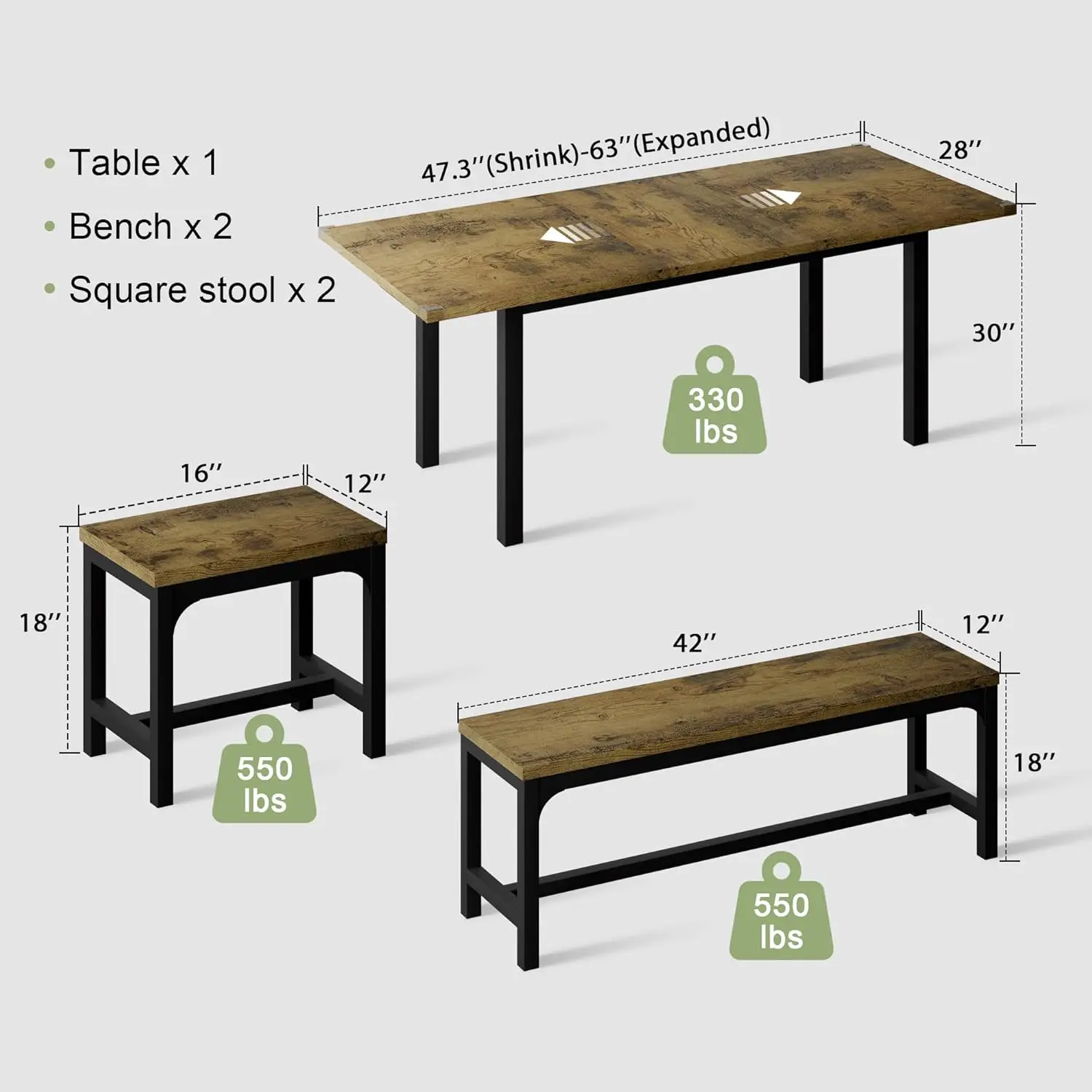 5-Piece Dining Table for 4-8 People, 63" Extendable Kitchen Table Set with 2 Benches & 2 Square Stools, Dining Room Table