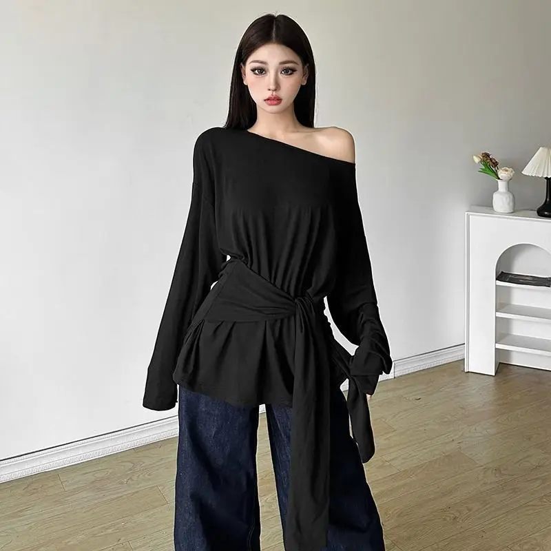 Minimalist  Color Lazy Shoulder Long Sleeve Women's T-shirt Early Autumn Sexy Tie Folded Micro Transparent Sunshade Cove...