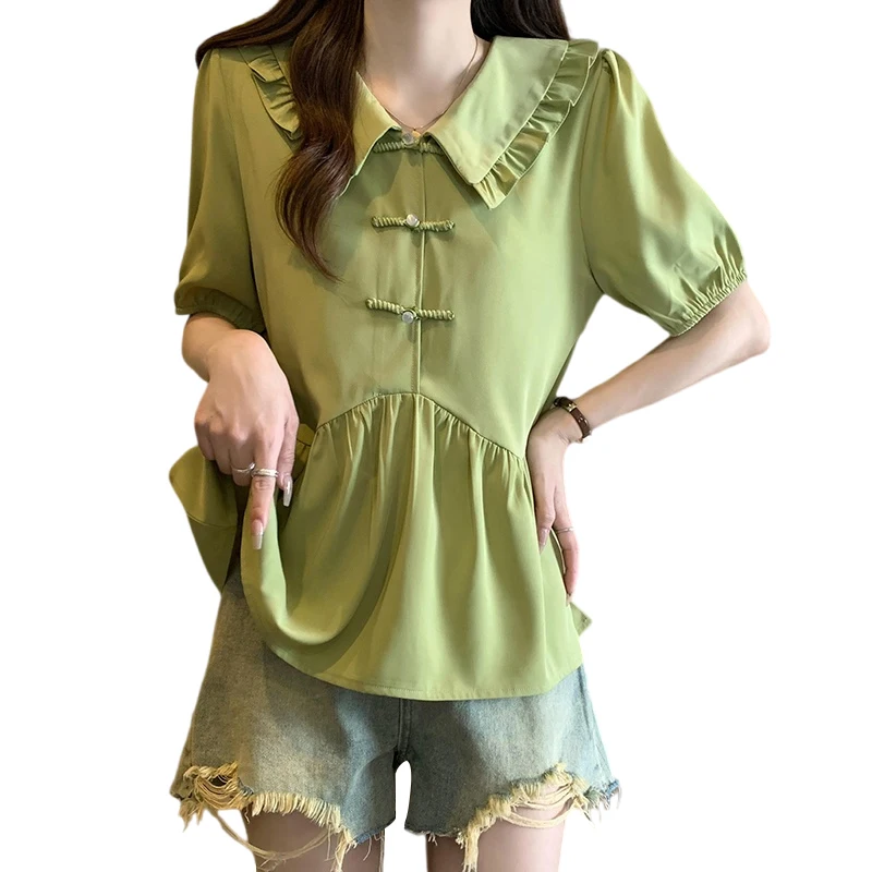 Women Chinese Style Blouse Summer Doll Collar Short Sleeve Shirt Thin Green Purple Large Size Ruffles Chiffon Buttons T-Shirt