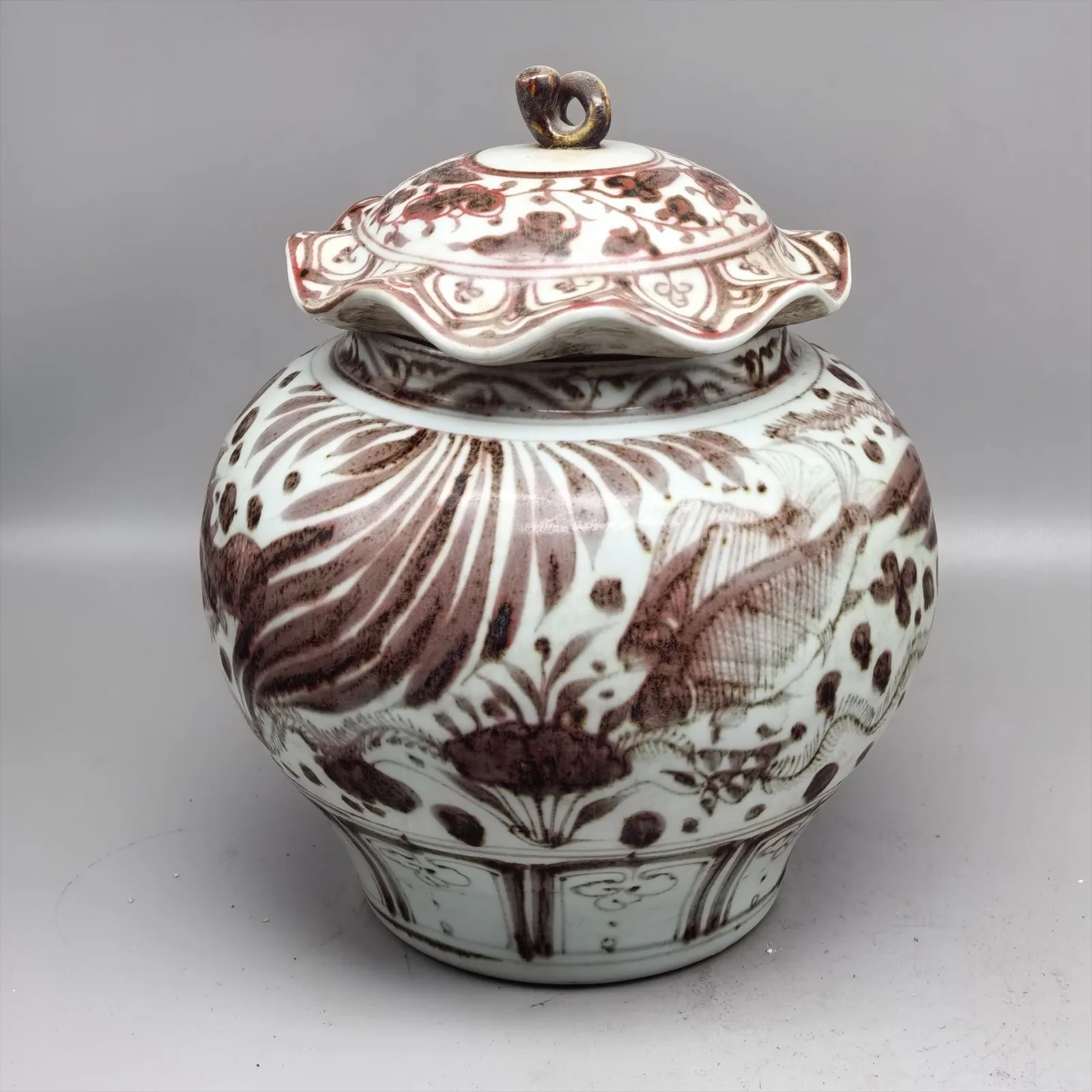 China Underglaze Red Porcelain Tea Caddy Pot Yuan Fish Design Lotus Shape 11.0