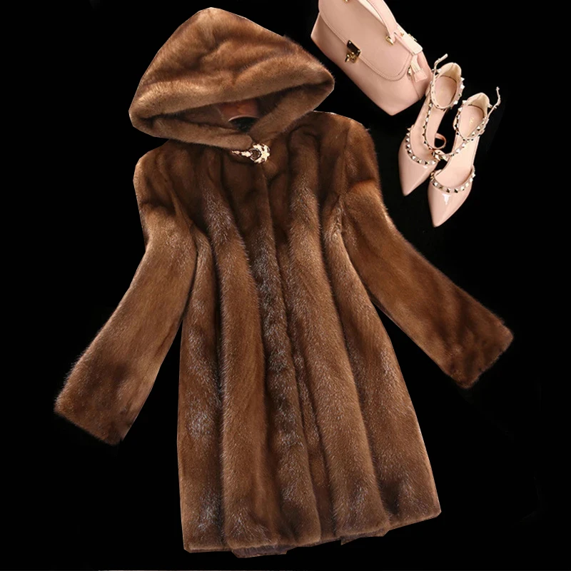 Artificial Mink Fur Coat for Women, Long Hooded Jackets, Warm Winter Clothes, New