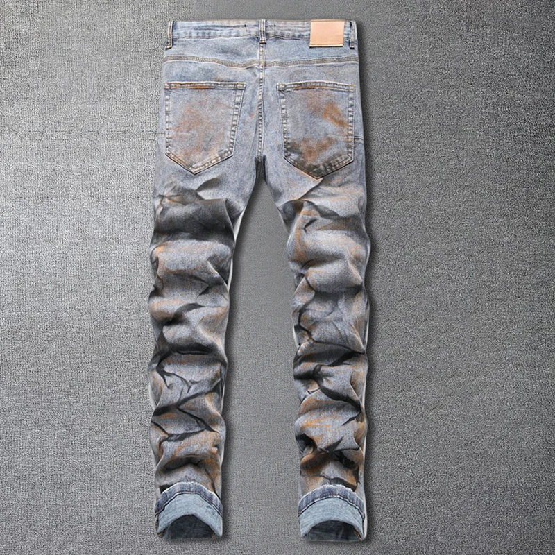 Trendy Men Paint Inkjet Blue Jeans Motorcycle Pants Streetwear Homme Straight Elastic Denim Pants Slim Fit Jeans Vaqueros Hombre