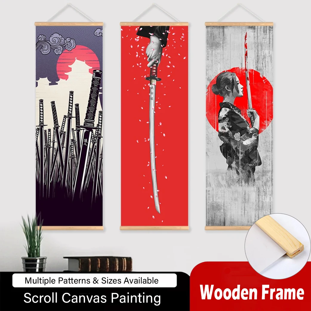 

Japanese Samurai Ukiyoe Scroll poster Canvas Poster with Wooden Hanger Wall Art Living Room Bedroom Home Decor Scroll Painting