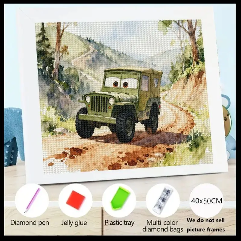 

1PC 5D Full Drill Diamond Painting Kit, DIY Cute Cartoon Green Jeep Off-Road Vehicle Art Set, Crystal Rhinestone Embroidery For