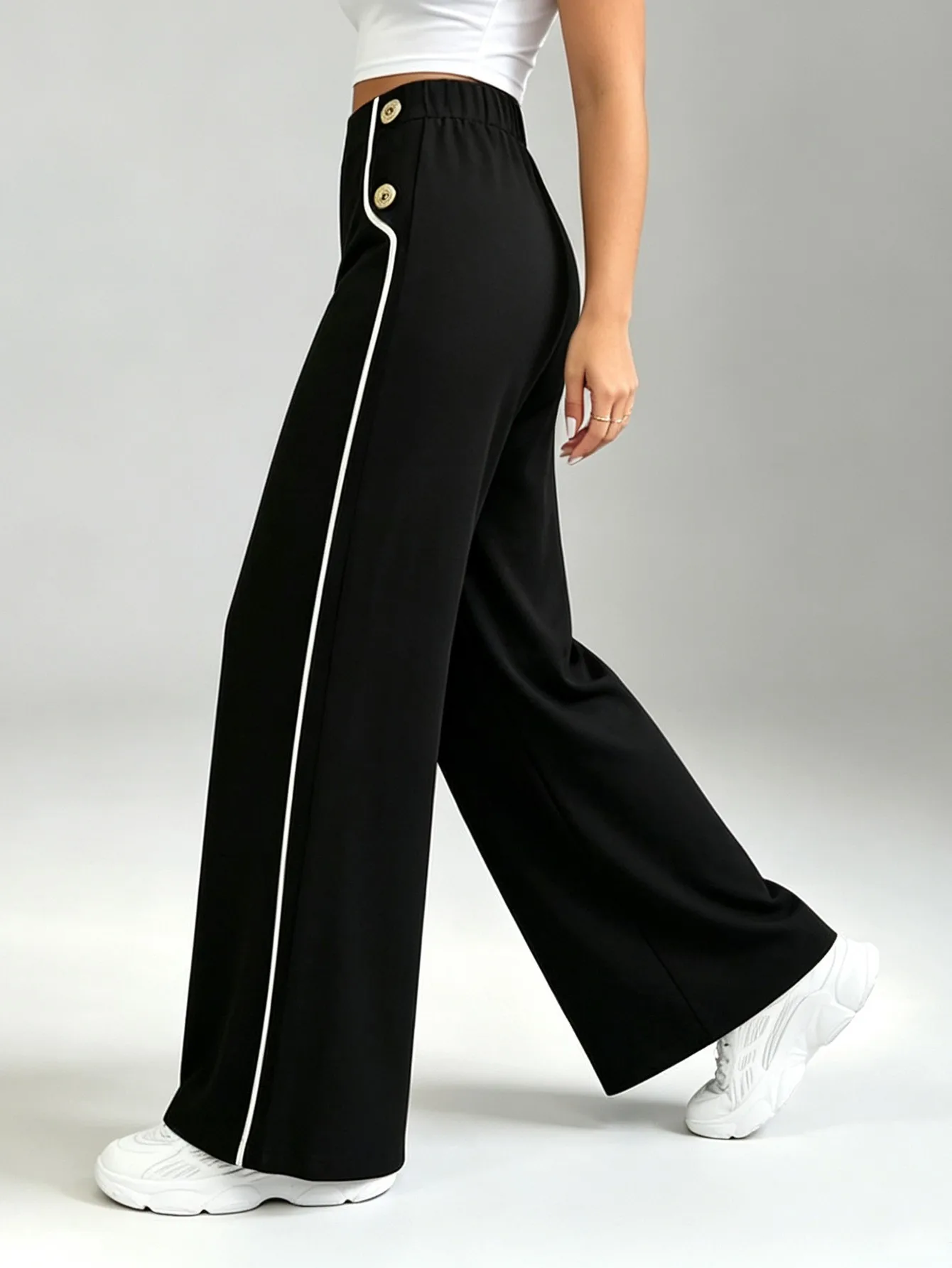 Damenhose mit hohem Bund, Knopfverschluss, vielseitig für den Alltag, weites Bein – Detail 2