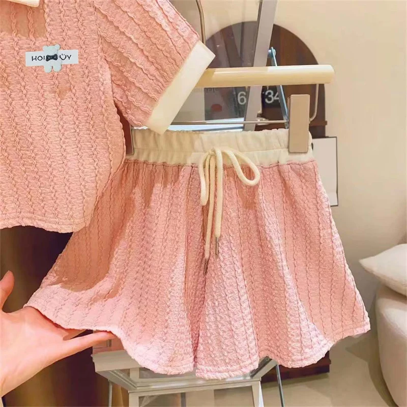 Girls Summer Fashion Sets Children Turn-down Collar Clothes Suits Teenager Casual Outfits Kids Short Sleeves Tops+ Shorts 2Pcs