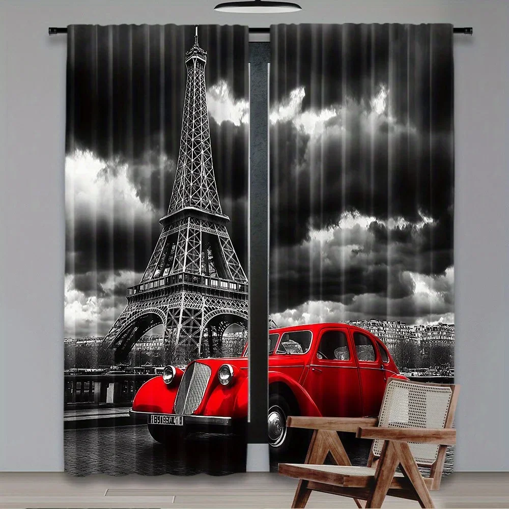 Vintage Paris Street Scene Eiffel Tower and Red Classic Car Photo Curtain Home Decor Window Curtain