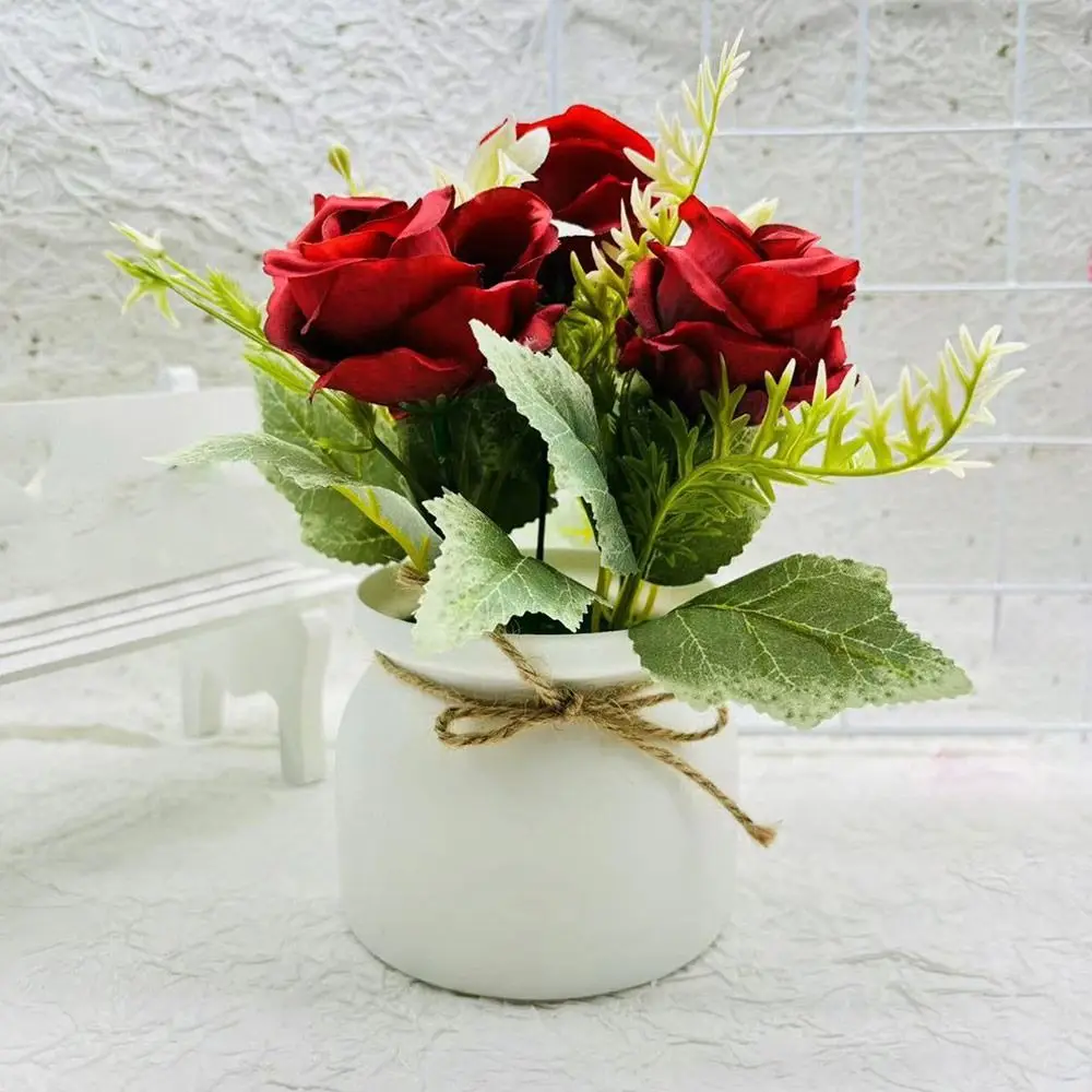 with Pots 3Rose Flower Artificial Potted Plant Miniscape Realistic Fake False Plants Vibrant Color Simulated Potted Plant - Image 3