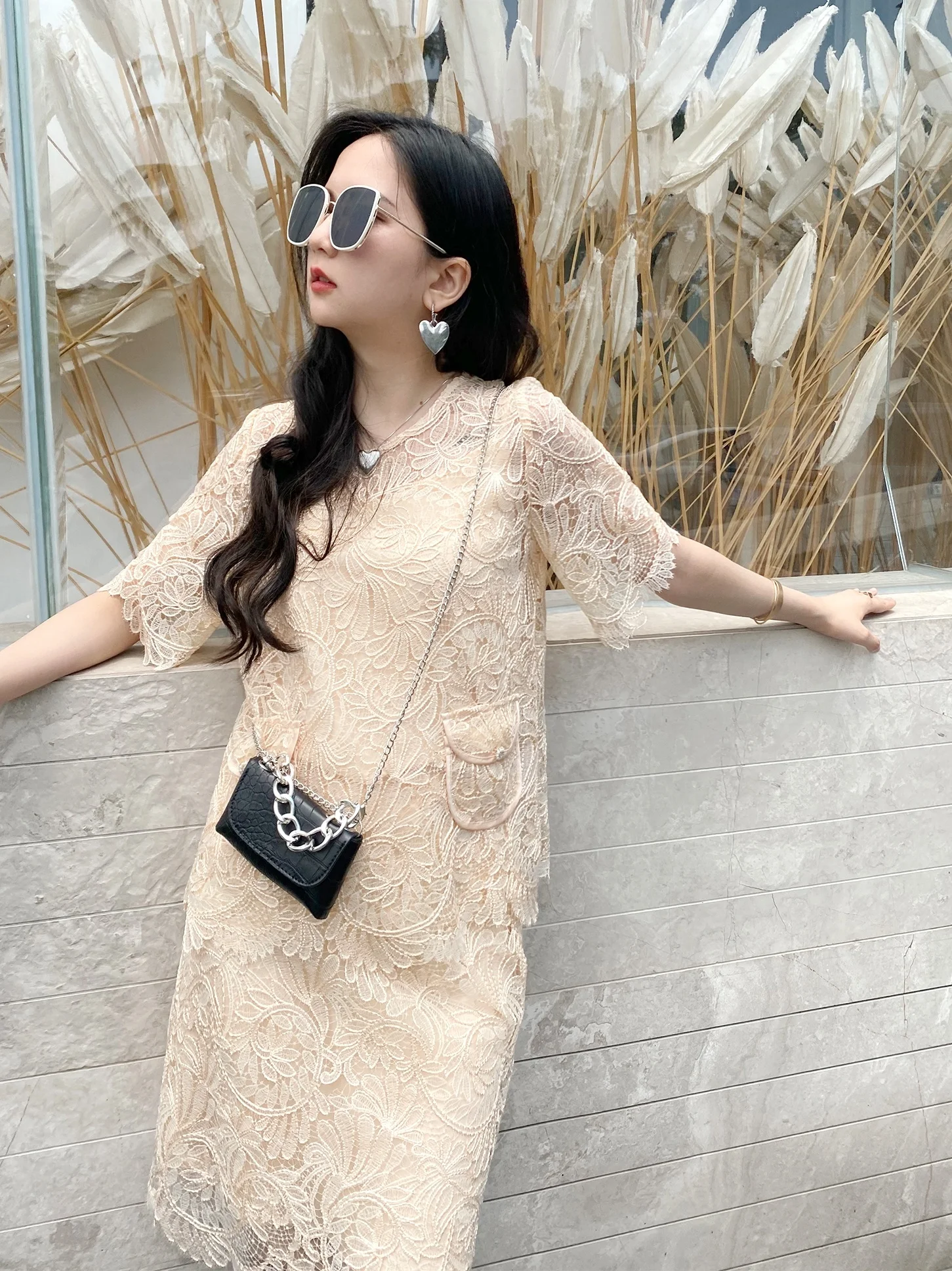 

GONGJIU Women's Lace Embroidered Short Skirt Set Summer Breathable Loose Style Two-Piece Suit Fashionable Casual Outfit