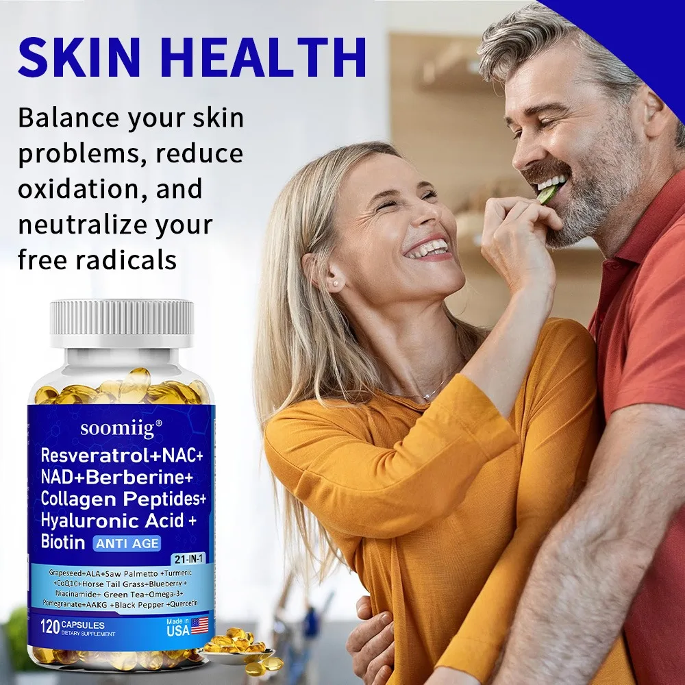 21-in-1 Supplement - NAD+,Berberine,Hyaluronic Acid,Biotin,Grape,Blueberry Collagen Peptides - Hair, Nail, Skin & Joint Health