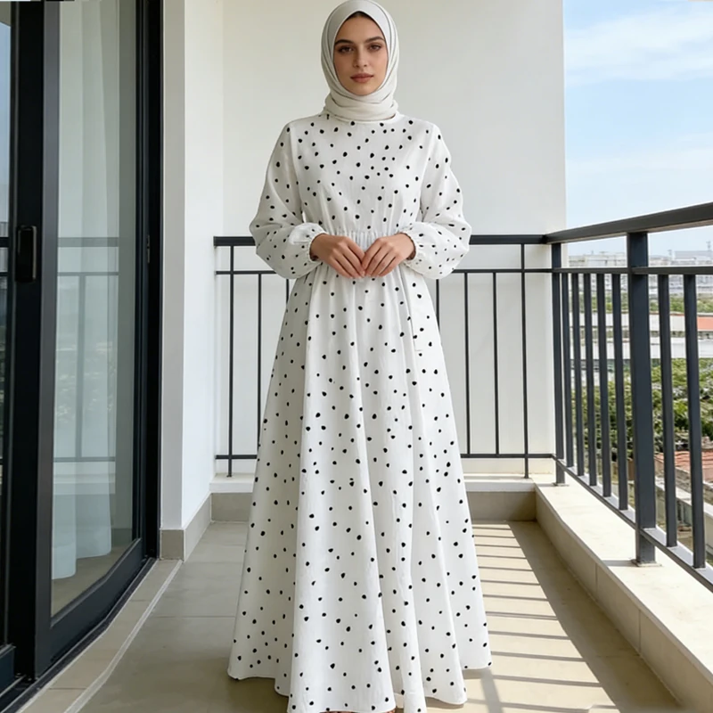 Women's Muslim Dress Polka Dot Print Casual Loose A Line Summer Dress Women Long Sleeve Round Neck Women's Dresses Elegant Robes