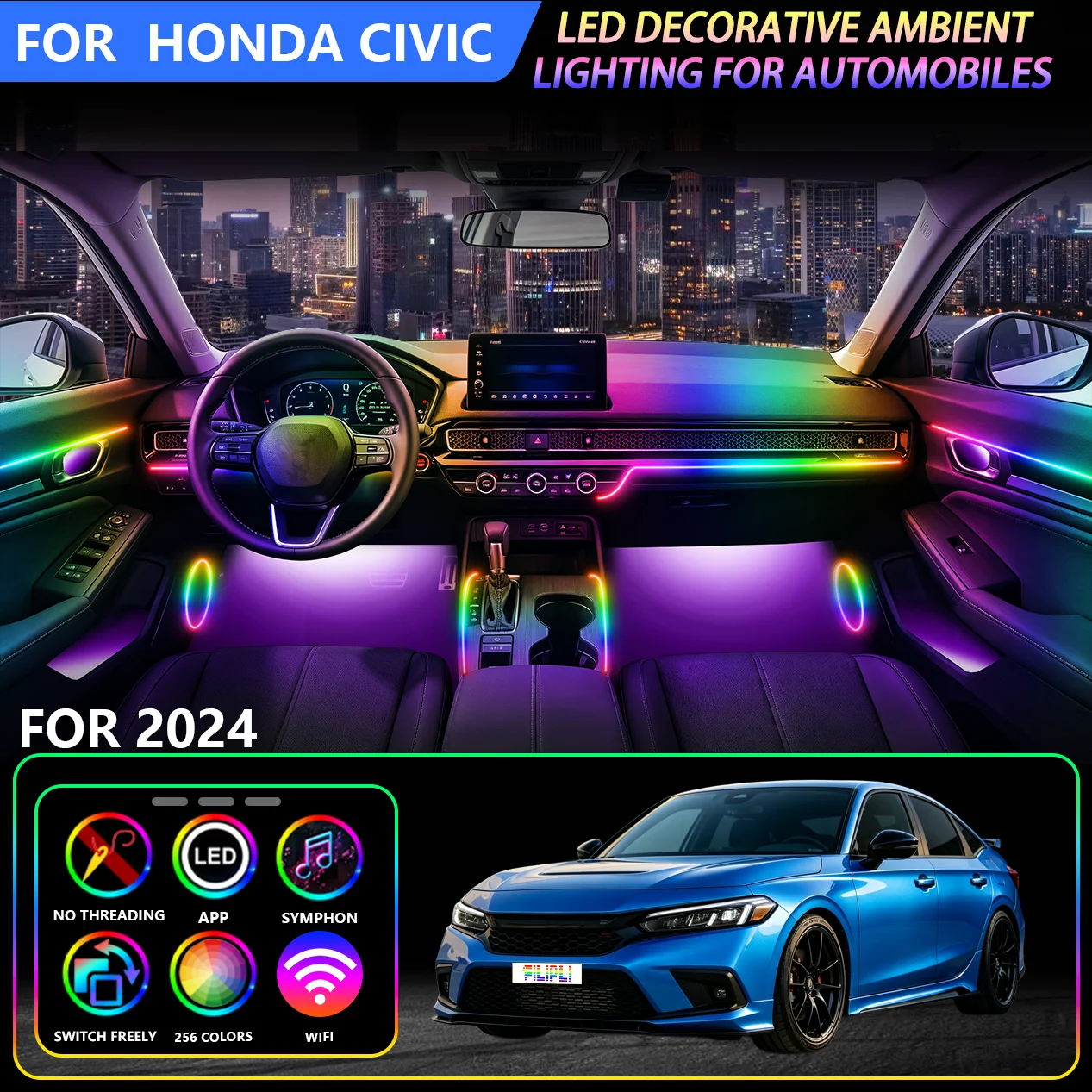 18 in 1 Car Atmosphere Light For Honda Civic 2024 Iridescent 256 Color Hidden Acrylic LED Ambient Light Music Rhythm Strip