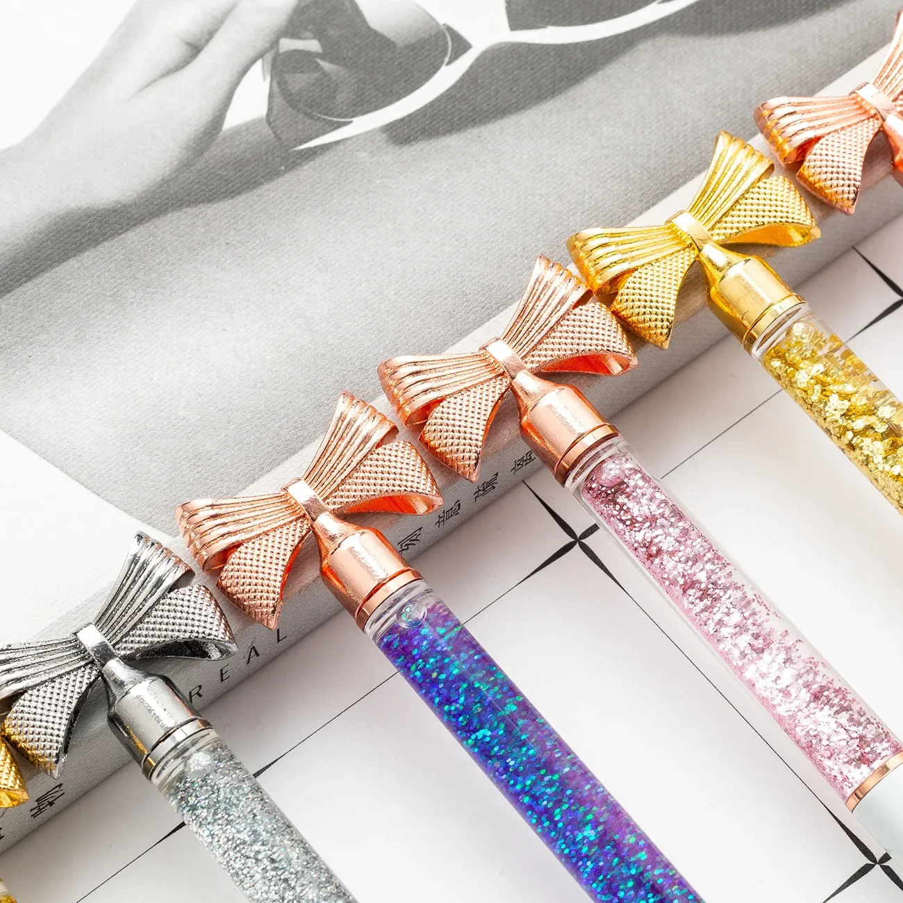 12PCS Gold Powder Oil Bow Metal Ballpoint Pen Stationery Novelty Pens for Writing