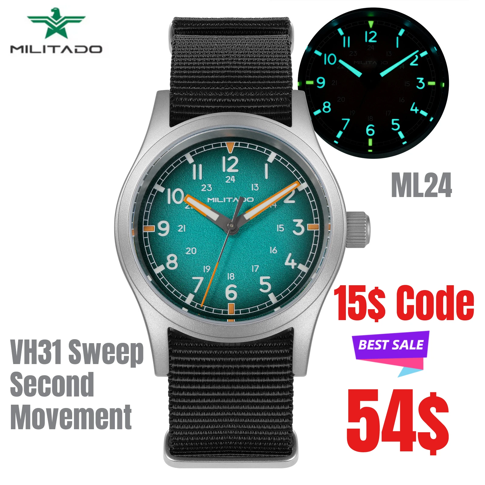 

Мужские часы ML24, 38 мм, винтажный военный стиль, кварцевый механизм VH31, с куполообразным сапфировым стеклом, суперлюминесцентное покрытие C3, сталь 316L, водонепроницаемость 100 м