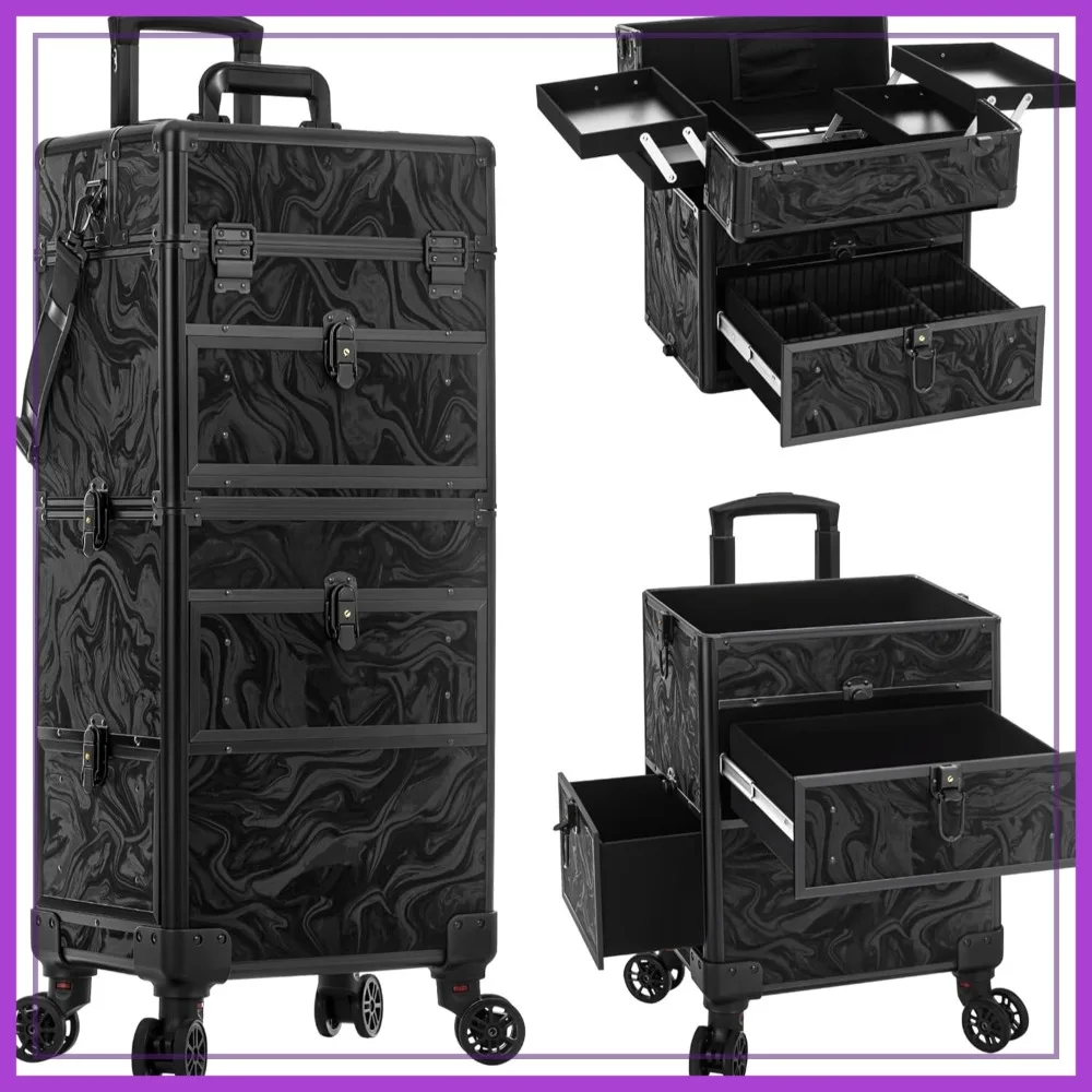 

AROUS Rolling Makeup Case with 3 Drawers, 5-in-1 Cosmetology Train Case on Wheels for Salon, Nail Tech, Artist, Ink Black