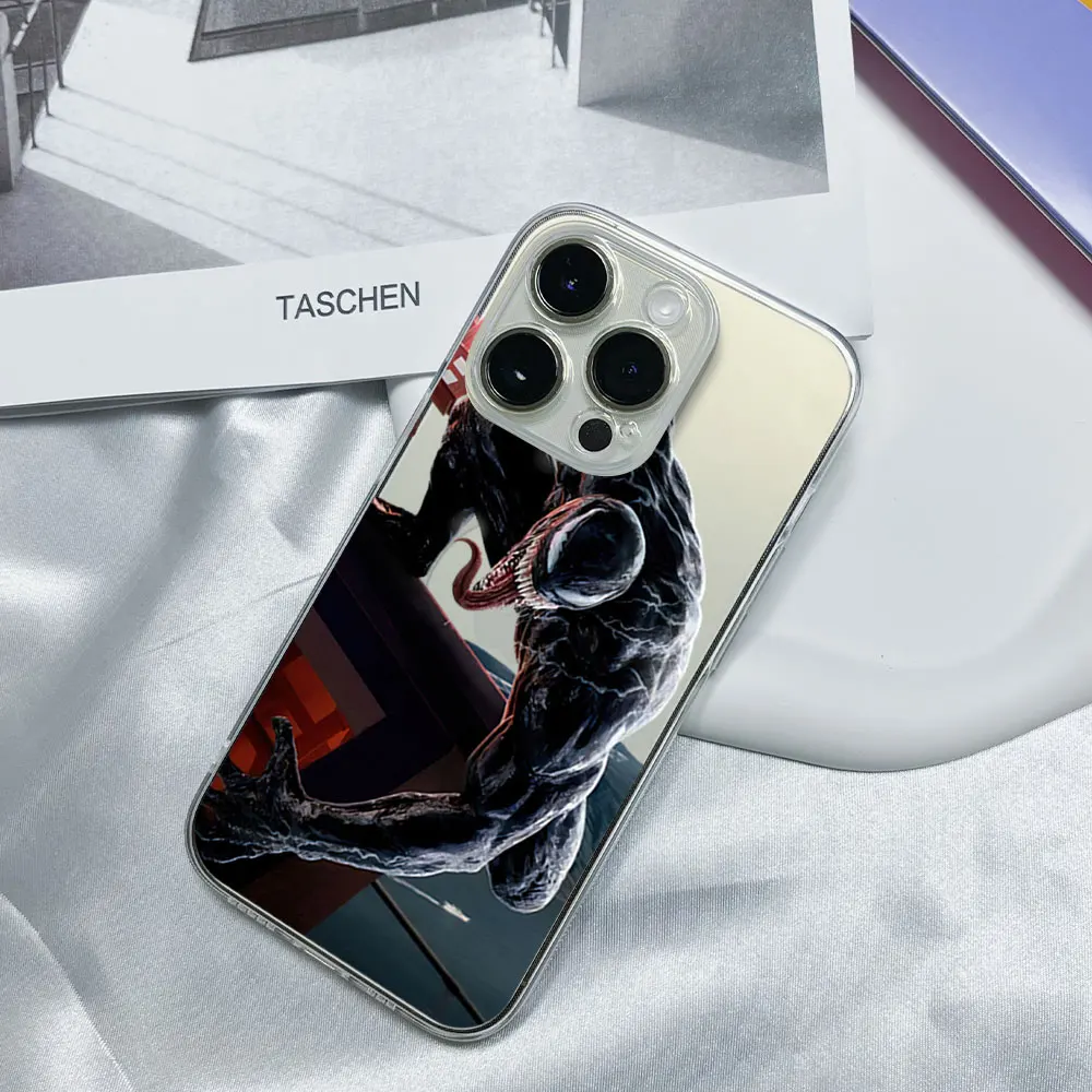 MINISO Superhero V-venom Phone Case for iPhone 12 11 13 14 15 16 Max Pro Plus Transparent Magsafe Magnetic Wireless Cover