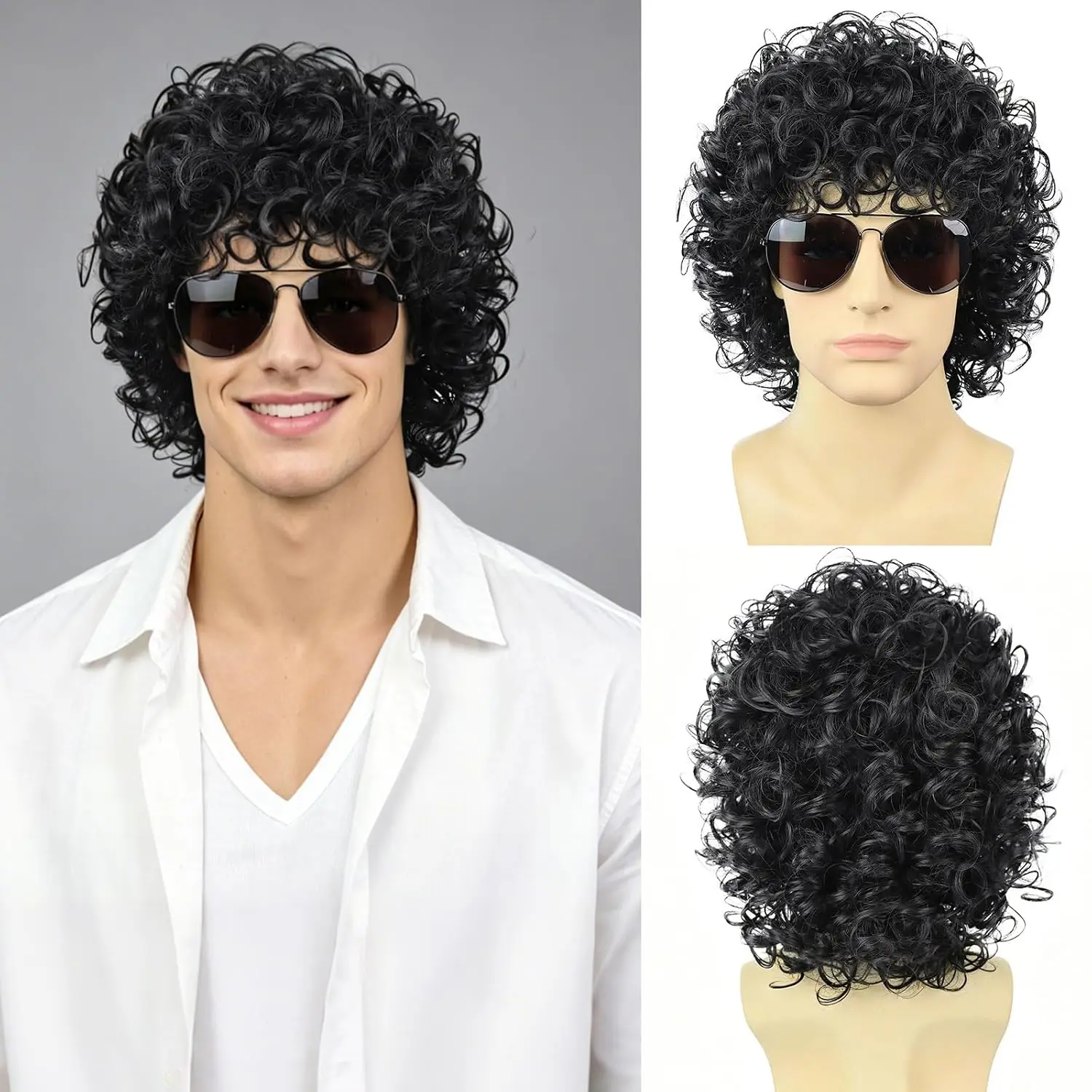 Synthetic Mens Black Curly Wig + Glasses + Wig Cap 70s 80s Rocker Star Punk Funny Wigs for Costume Party Cosplay Halloween
