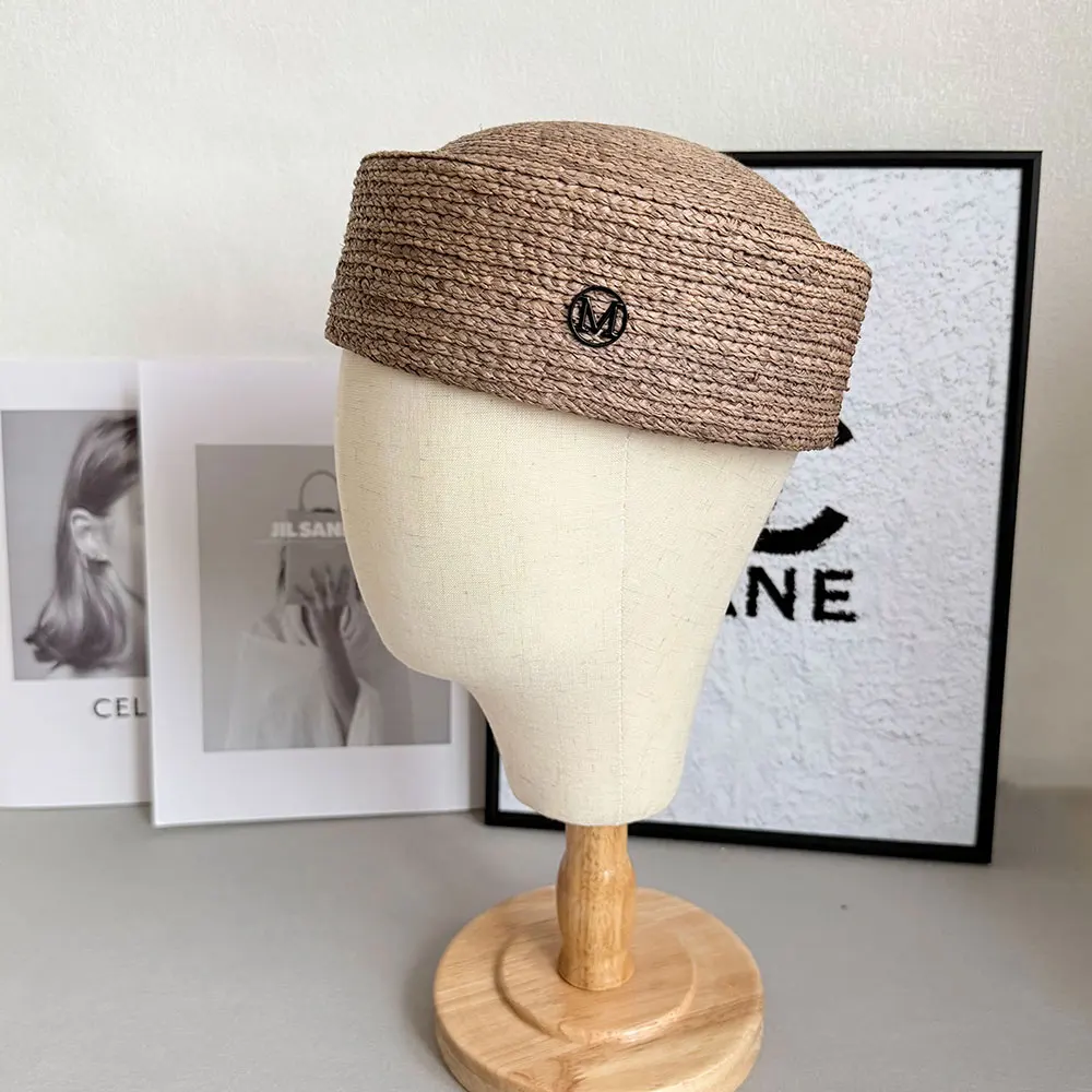 

Korea Designer M Letter 100% Raffia Hat Fashion Summer Berets Women's Concave Top High Quality Sunhat Wedding Dinner Church Cap