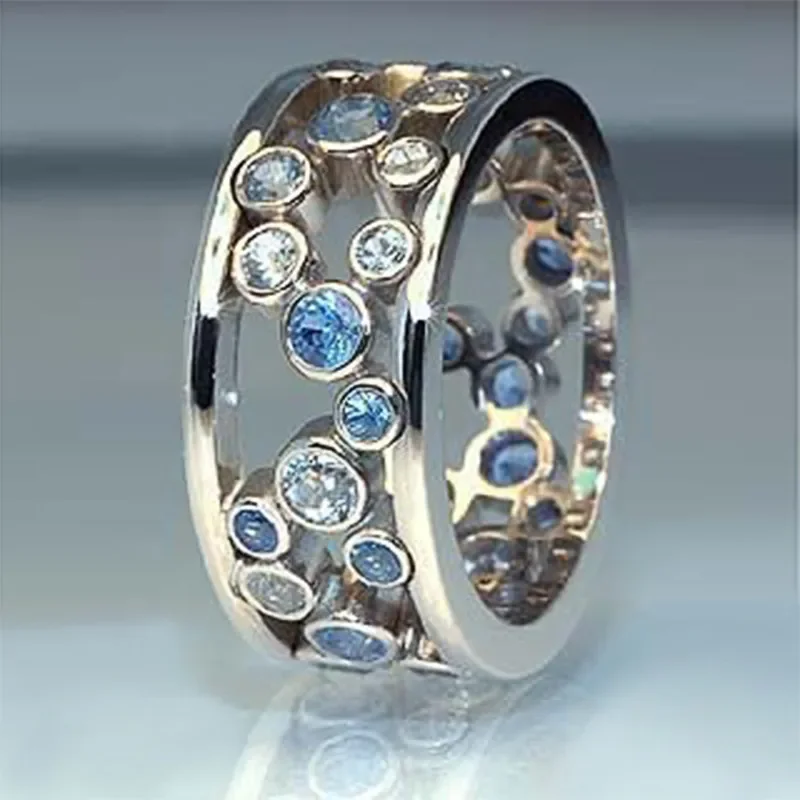 2024 New Hollow Out Blue White Zircon Shining Diamond Ring Alternating  Design Women's  Ball Versatile Fashion Jewelry